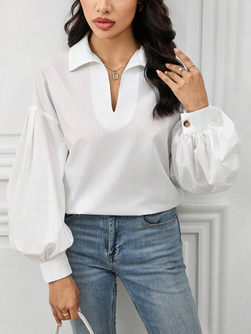 Mulvari Women's Solid Color Long Sleeve Button-Up Minimalist Casual Shirt