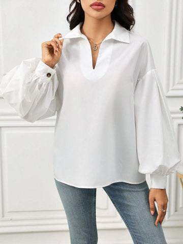 Mulvari Women's Solid Color Long Sleeve Button-Up Minimalist Casual Shirt
