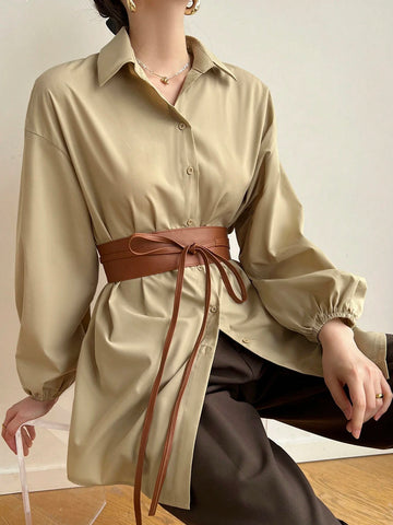 Mulvari Women's Solid Color Loose Drop Shoulder Long Sleeve Elegant Commute Shirt