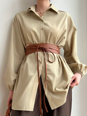 Mulvari Women's Solid Color Loose Drop Shoulder Long Sleeve Elegant Commute Shirt