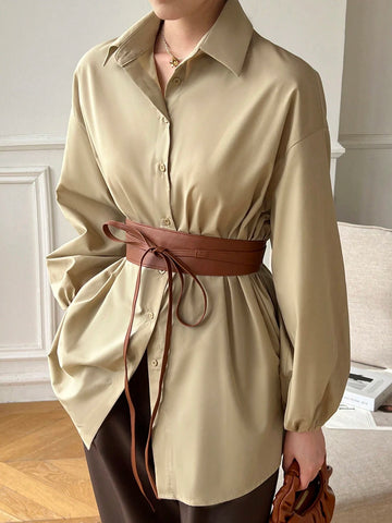 Mulvari Women's Solid Color Loose Drop Shoulder Long Sleeve Elegant Commute Shirt