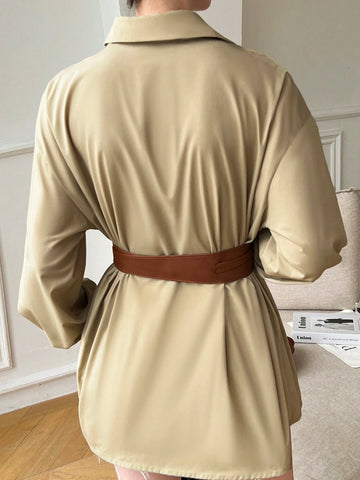 Mulvari Women's Solid Color Loose Drop Shoulder Long Sleeve Elegant Commute Shirt