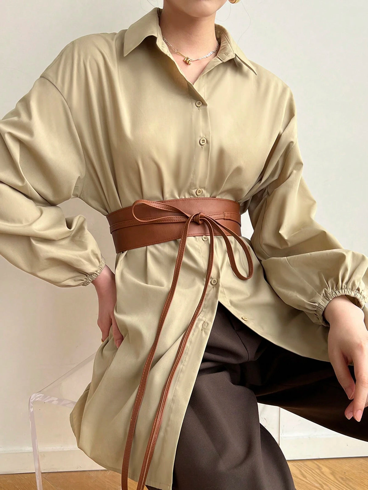 Mulvari Women's Solid Color Loose Drop Shoulder Long Sleeve Elegant Commute Shirt