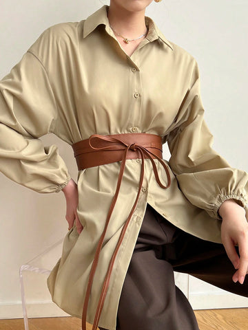 Mulvari Women's Solid Color Loose Drop Shoulder Long Sleeve Elegant Commute Shirt