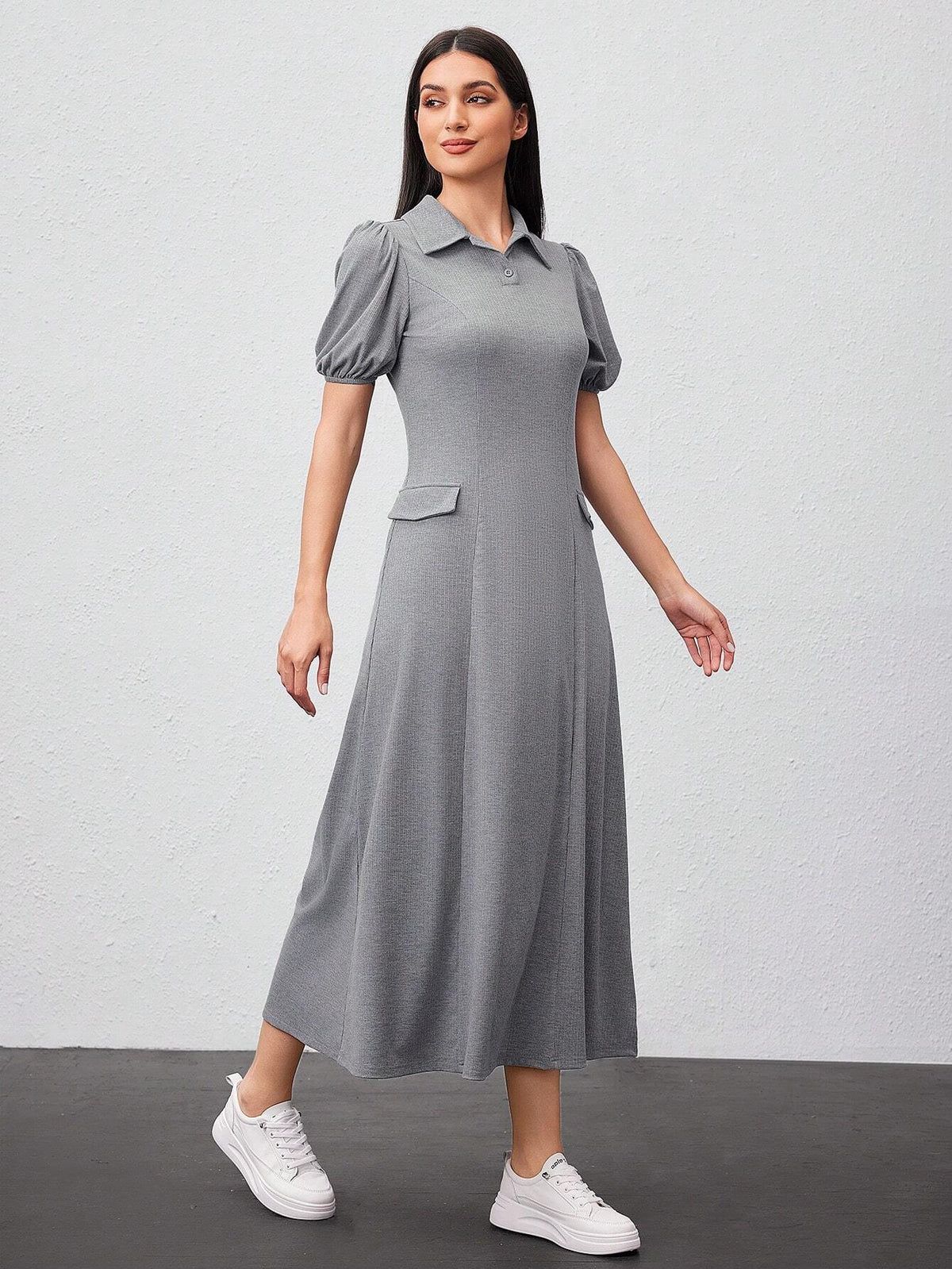 Women's Solid Color Polo Collar Short Puff Sleeve Dress