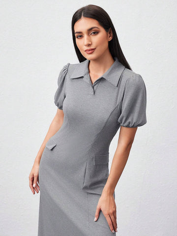 Women's Solid Color Polo Collar Short Puff Sleeve Dress
