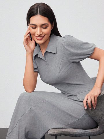 Women's Solid Color Polo Collar Short Puff Sleeve Dress