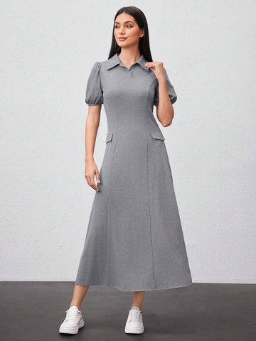Women's Solid Color Polo Collar Short Puff Sleeve Dress
