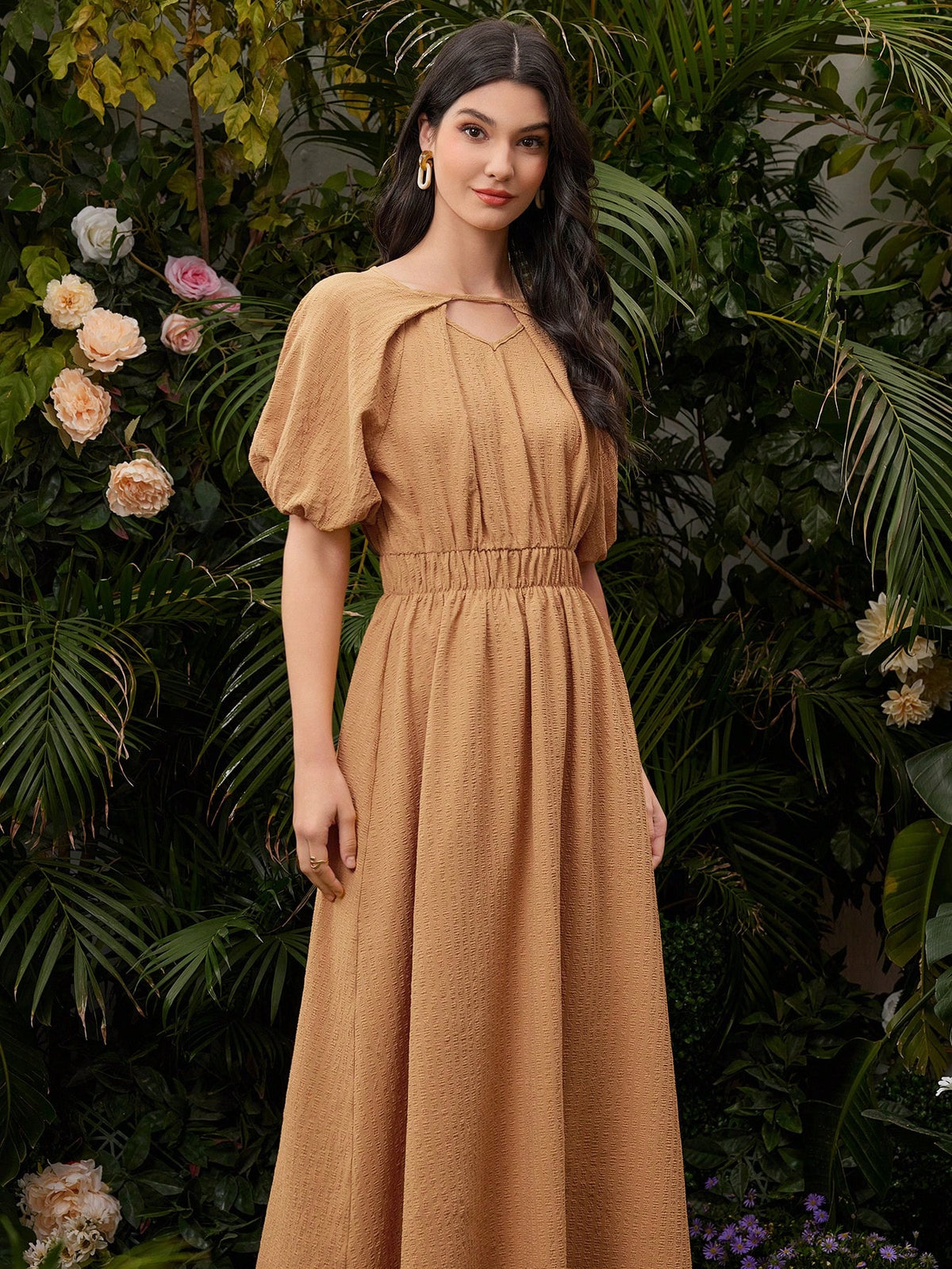 Women's Solid Color Puff Sleeve Bubble Skirt With Waist Belt