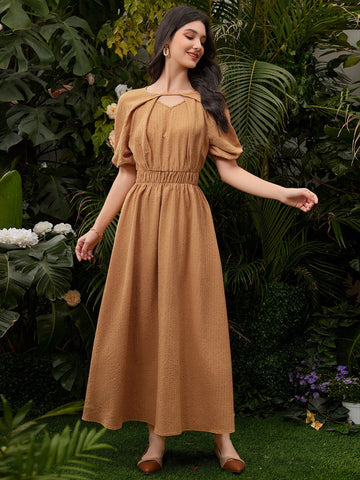 Women's Solid Color Puff Sleeve Bubble Skirt With Waist Belt