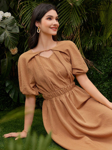 Women's Solid Color Puff Sleeve Bubble Skirt With Waist Belt
