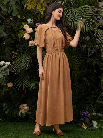 Women's Solid Color Puff Sleeve Bubble Skirt With Waist Belt