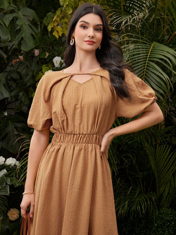 Women's Solid Color Puff Sleeve Bubble Skirt With Waist Belt
