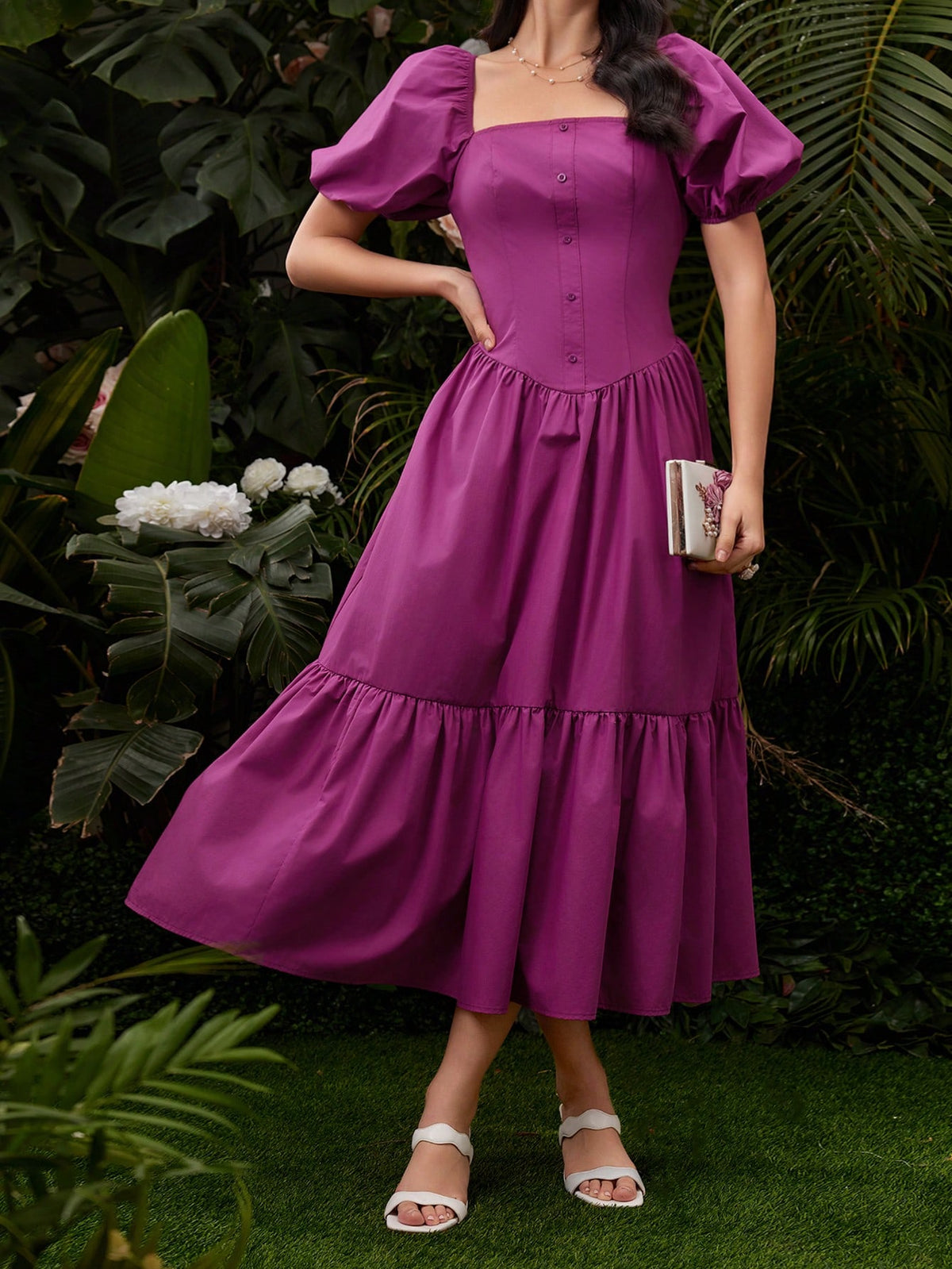 Women's Solid Color Puff Sleeve Dress