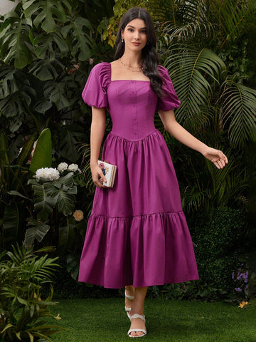 Women's Solid Color Puff Sleeve Dress