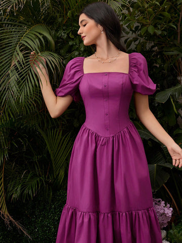 Women's Solid Color Puff Sleeve Dress