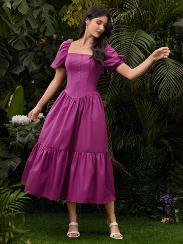 Women's Solid Color Puff Sleeve Dress
