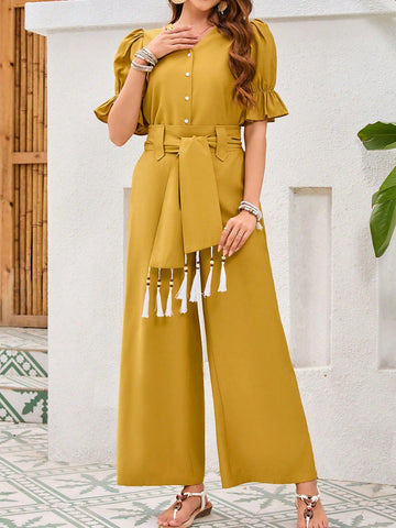 Women's Solid Color Puff Sleeve Top And Wide Leg Pants Two-Piece Set