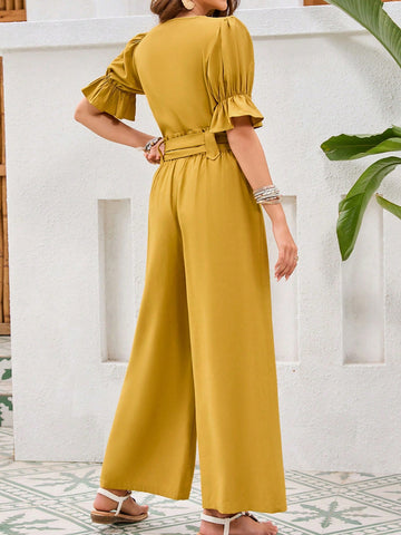 Women's Solid Color Puff Sleeve Top And Wide Leg Pants Two-Piece Set