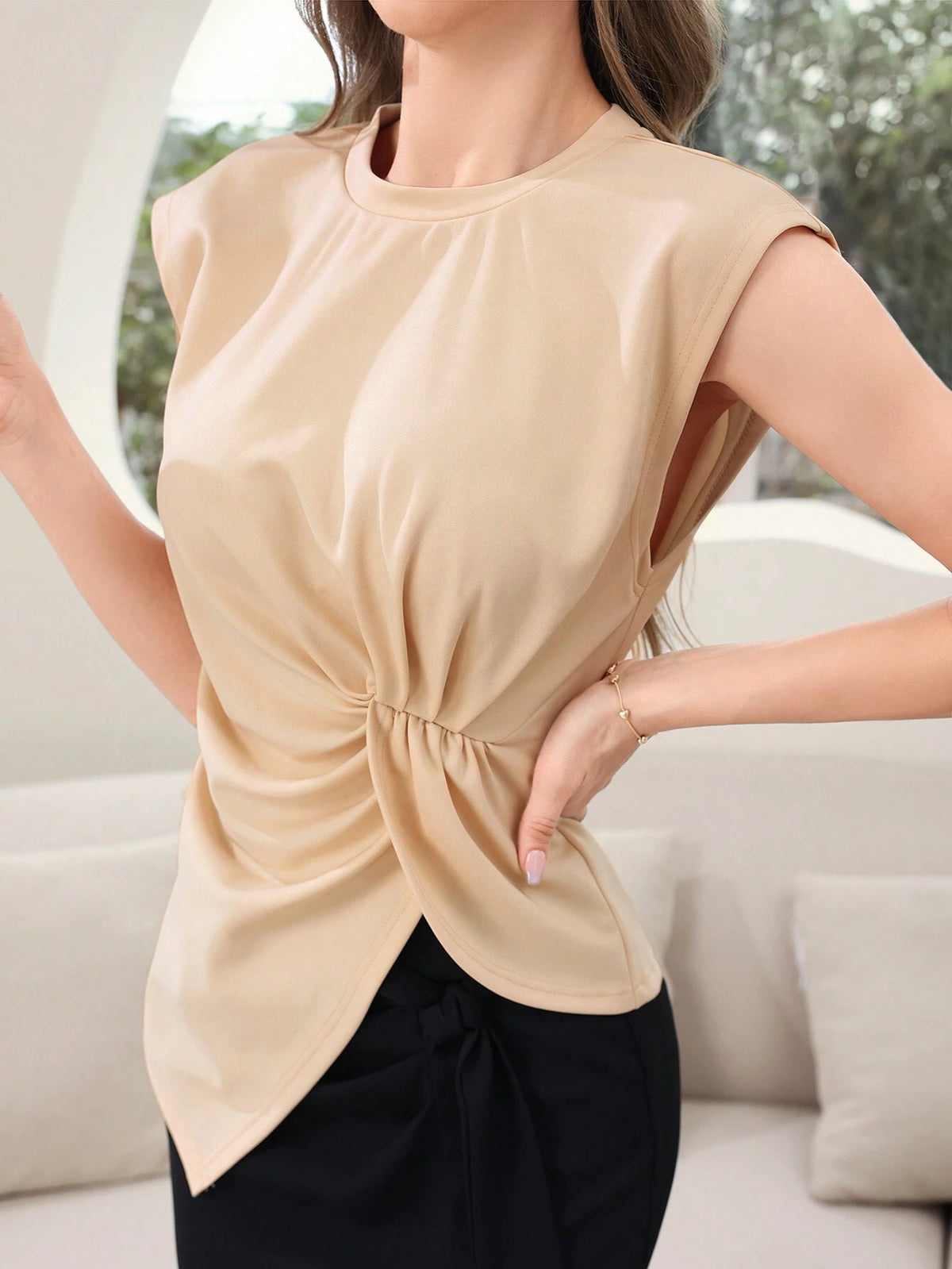 Mulvari Women's Solid Color Round Neck Bat Sleeve Short Sleeve Asymmetric Hem Casual T-Shirt For Summer