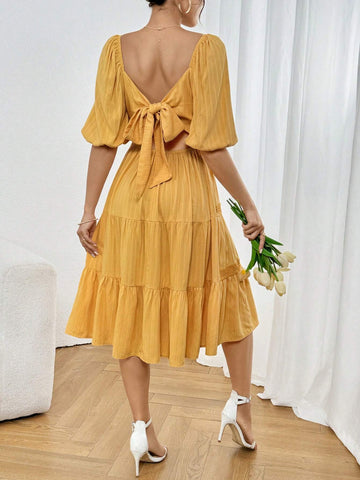 Women's Solid Color Ruffle Dress With Ruffle Hem For Summer Elegance