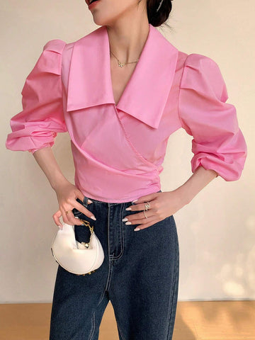 Mulvari Women's Solid Color Simple Daily Long Sleeve Shirt