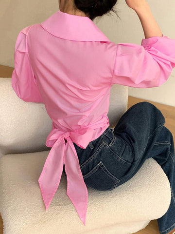 Mulvari Women's Solid Color Simple Daily Long Sleeve Shirt