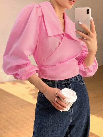 Mulvari Women's Solid Color Simple Daily Long Sleeve Shirt