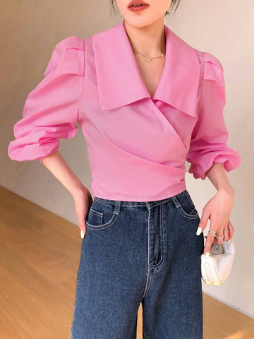 Mulvari Women's Solid Color Simple Daily Long Sleeve Shirt