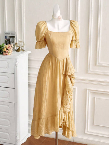 Women's Solid Color Simple Daily Wear Ruffled Puff Sleeve Dress