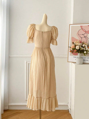 Women's Solid Color Simple Daily Wear Ruffled Puff Sleeve Dress