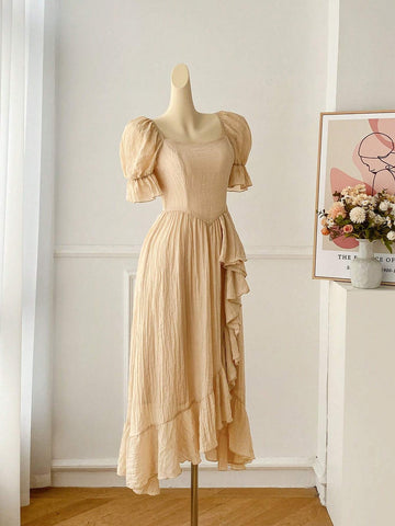 Women's Solid Color Simple Daily Wear Ruffled Puff Sleeve Dress
