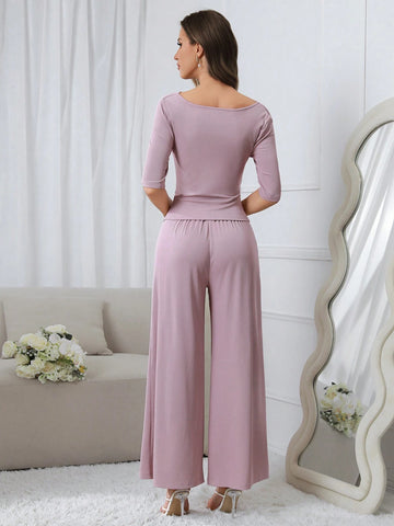 Women's Solid Color Simple Style Tube Top And Long Pants Two-Piece Set For Daily Wear