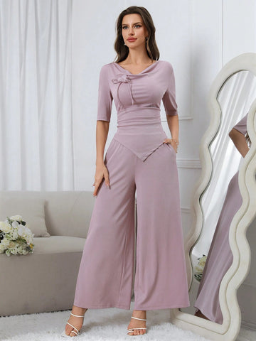 Women's Solid Color Simple Style Tube Top And Long Pants Two-Piece Set For Daily Wear