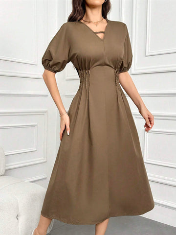 Women's Solid Color V-Neck Puff Sleeve Waistbelted Summer Dress