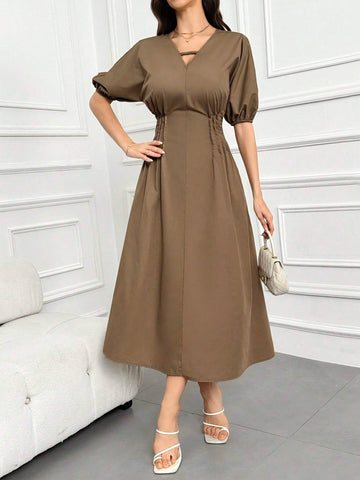 Women's Solid Color V-Neck Puff Sleeve Waistbelted Summer Dress