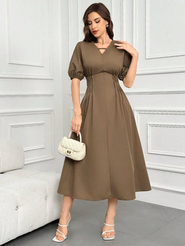 Women's Solid Color V-Neck Puff Sleeve Waistbelted Summer Dress