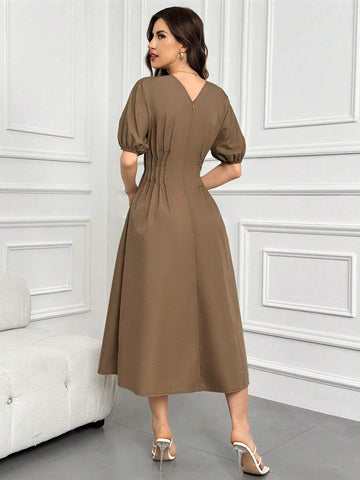 Women's Solid Color V-Neck Puff Sleeve Waistbelted Summer Dress