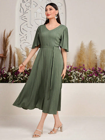 Women's Solid Color V-Neck Ruffle Sleeve Dress