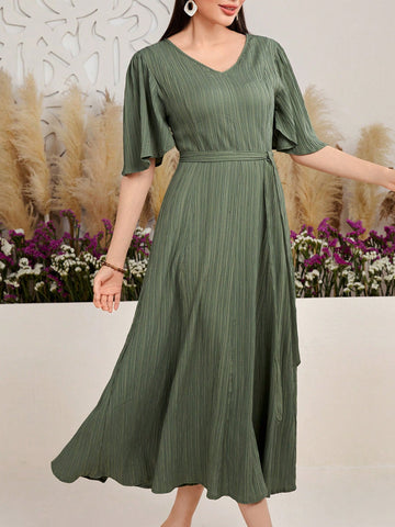 Women's Solid Color V-Neck Ruffle Sleeve Dress