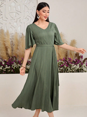 Women's Solid Color V-Neck Ruffle Sleeve Dress