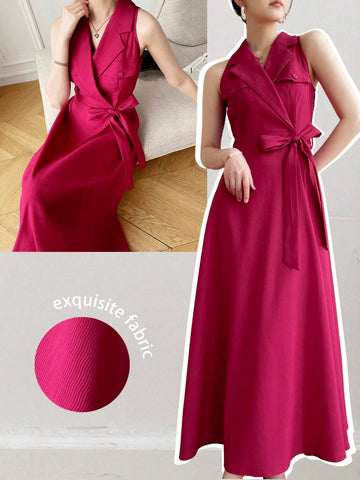 Women's Solid Color Wrap-Around Waist Belt Sleeveless Summer Dress