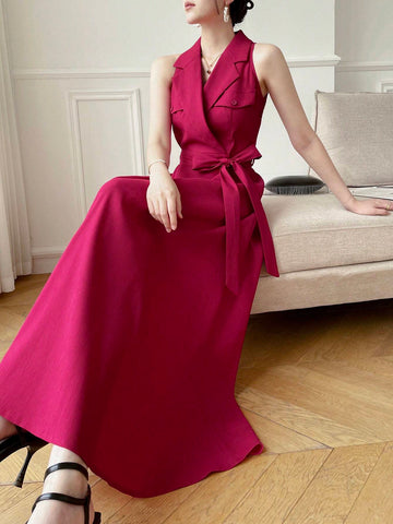 Women's Solid Color Wrap-Around Waist Belt Sleeveless Summer Dress