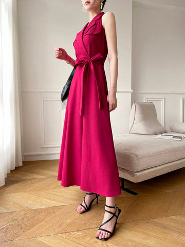 Women's Solid Color Wrap-Around Waist Belt Sleeveless Summer Dress