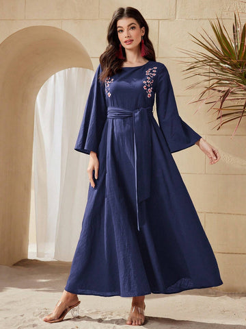 Women's Spring/Summer Elegant Long Floral Print Dress With Round Neckline And Flared Sleeves