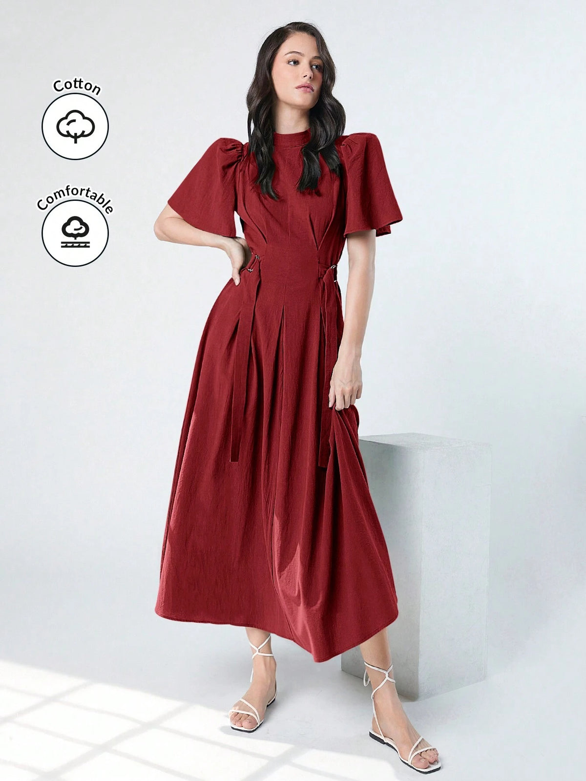 Women's Spring/Summer Solid Color Stand Collar Bubble Sleeve Dress