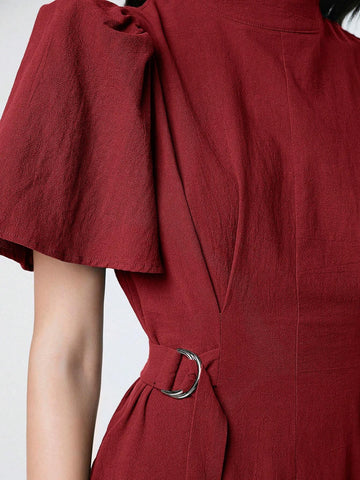 Women's Spring/Summer Solid Color Stand Collar Bubble Sleeve Dress