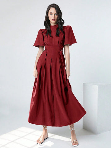 Women's Spring/Summer Solid Color Stand Collar Bubble Sleeve Dress