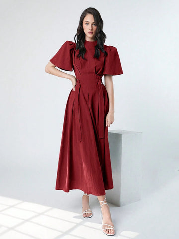 Women's Spring/Summer Solid Color Stand Collar Bubble Sleeve Dress