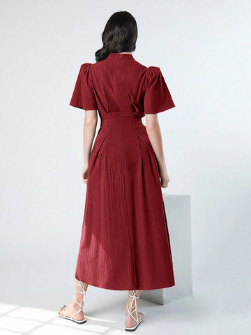 Women's Spring/Summer Solid Color Stand Collar Bubble Sleeve Dress